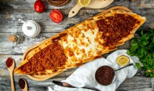 mix pide meat and cheese top view